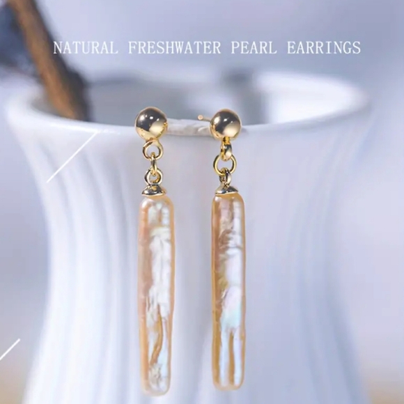 Genuine 925 S.Silver 14K Gold Plated Freshwater Baroque Pearl Earrings.